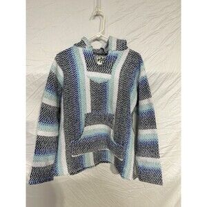 VTG BAJA JOE Pullover Poncho Hippie Boho Mexican Surf Hooded Drug Rug M